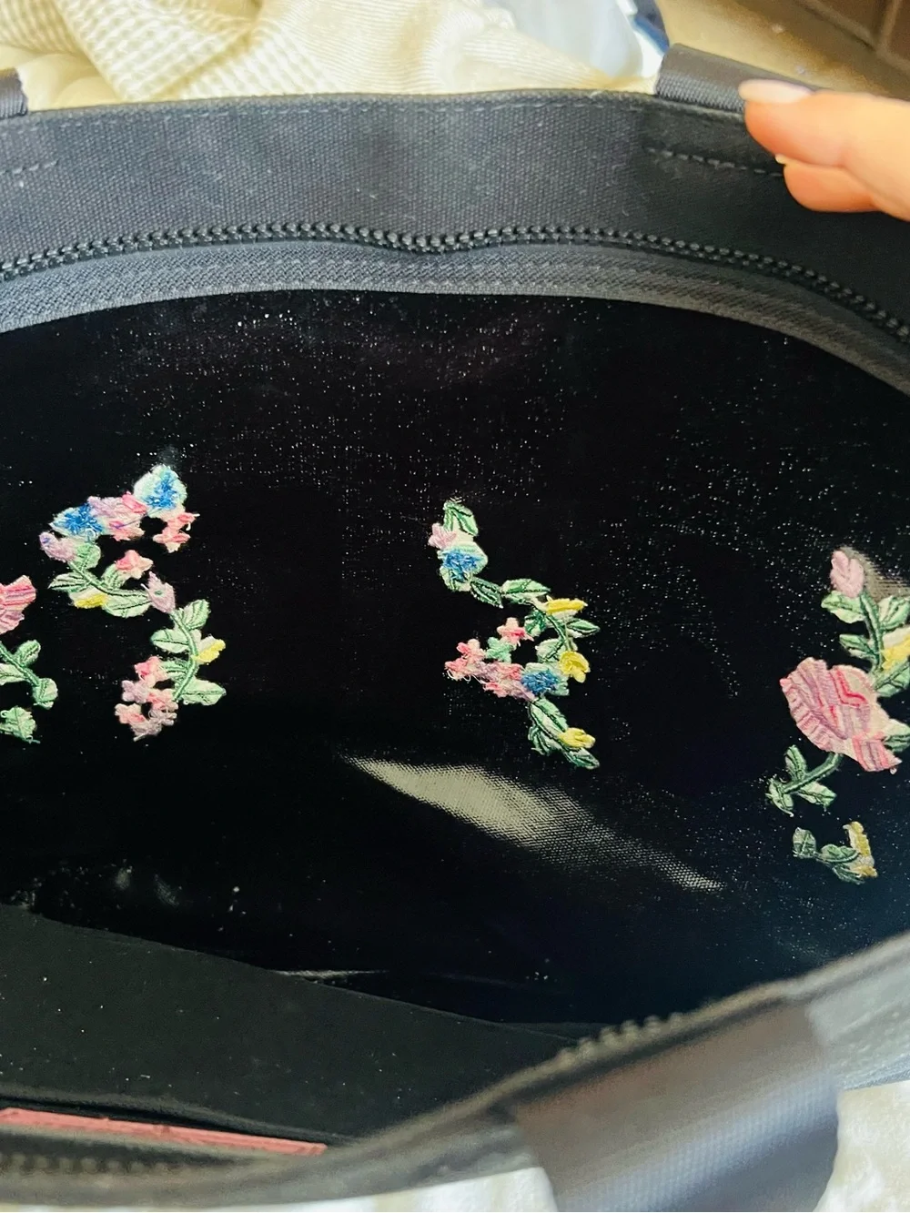 Karl Lagerfeld Black Canvas Tote with Pink Handle and Floral Logo